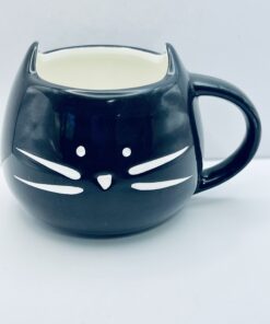 Stylized black cat mug with ears and whiskers