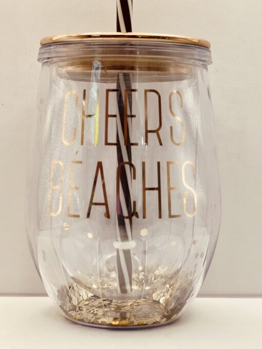 Cheers Beaches Glitter Stemless Tumbler with lid and straw