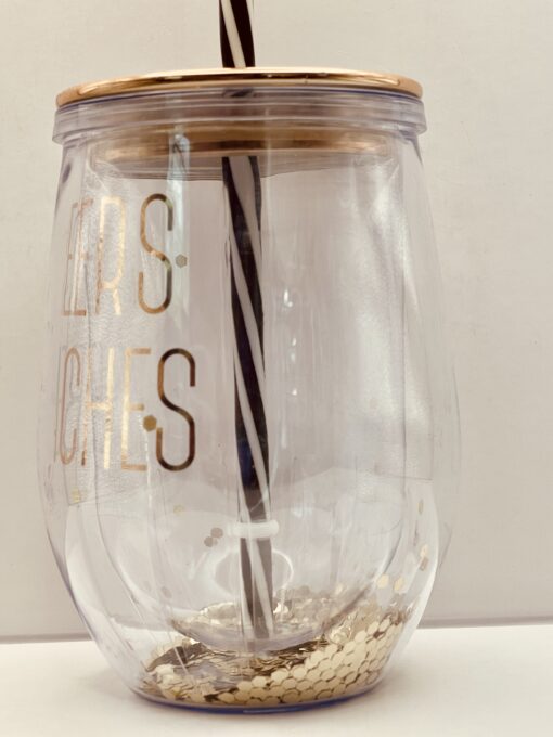Stemless wine glass shaped tumbler with sparkling interior