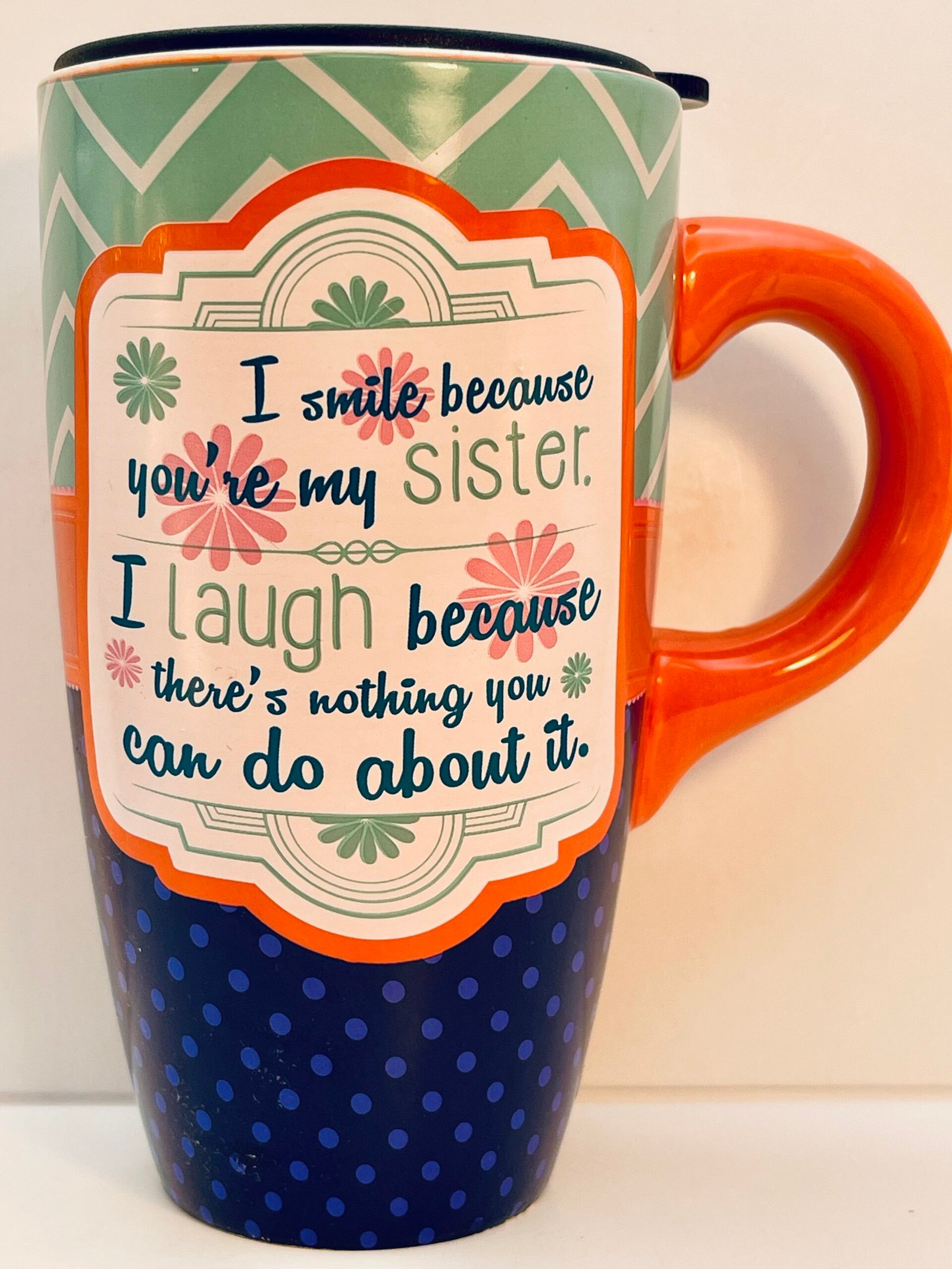 I Smile Because You’re My Sister Mug with chevron and polka dots