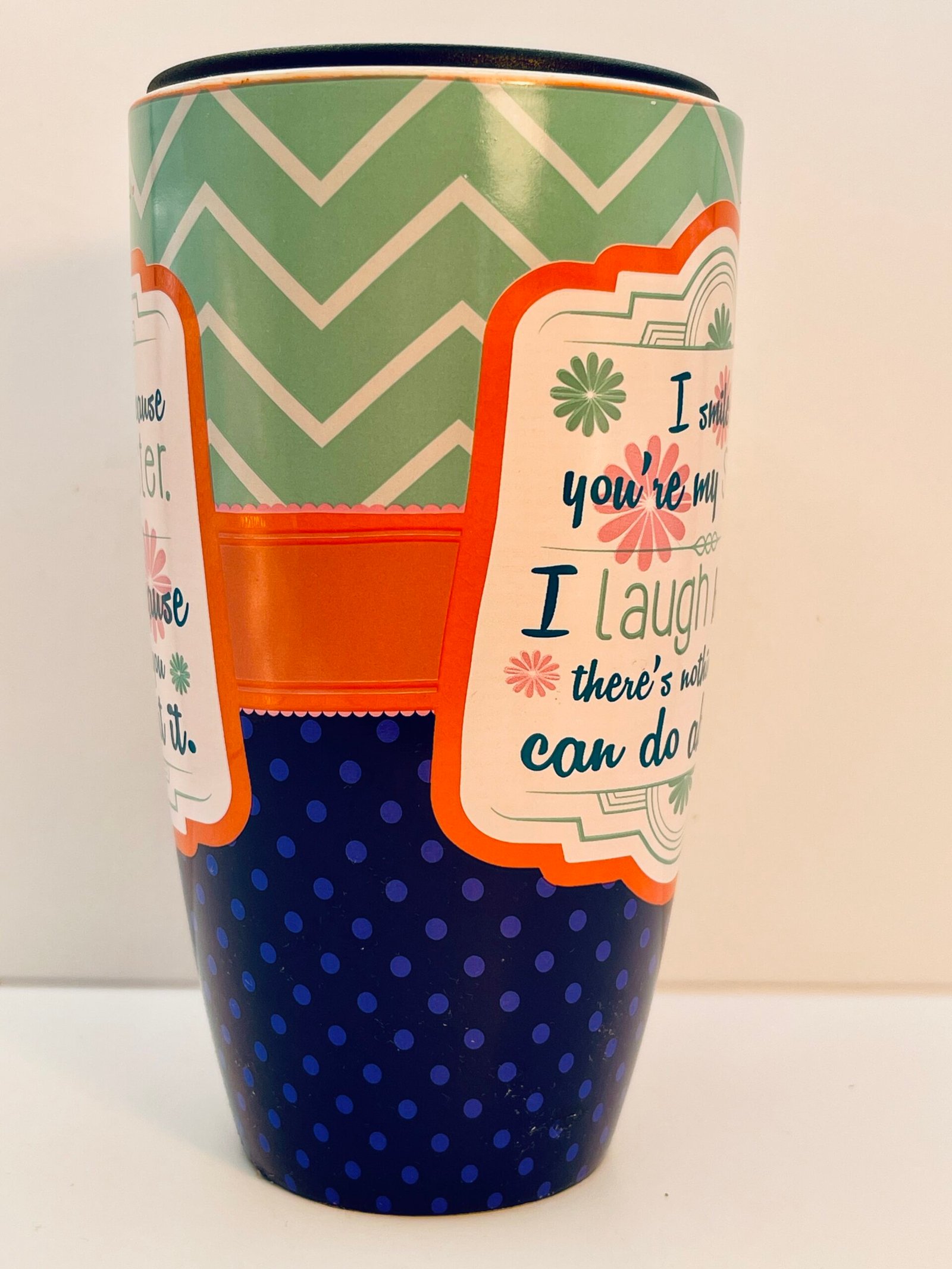 Funny sister quote mug in turquoise, orange, and blue