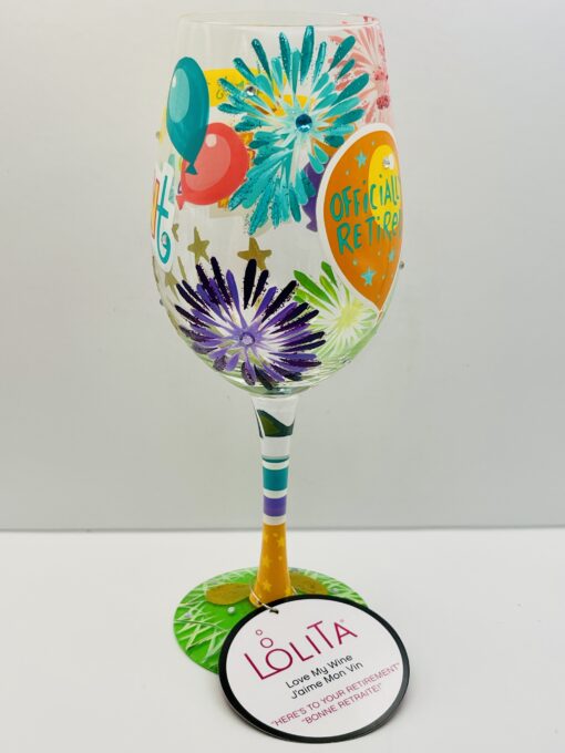 Hand-painted retirement wine glass with fireworks and balloons