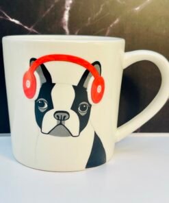 Rae Dunn Boston Terrier mug with red headphones