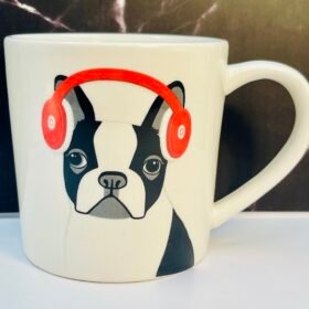 Rae Dunn Boston Terrier mug with red headphones