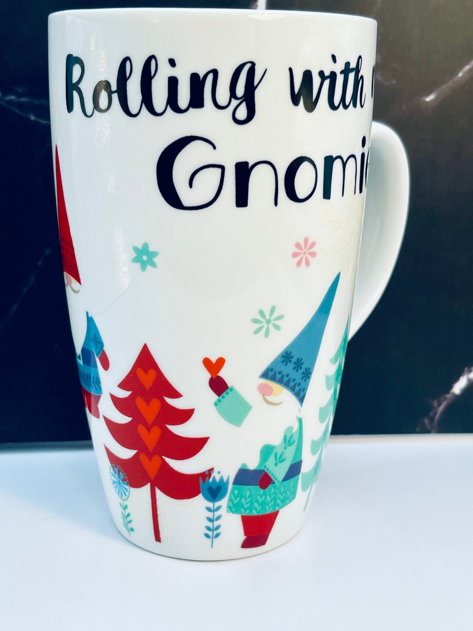 Christmas latte mug with red and green gnomes