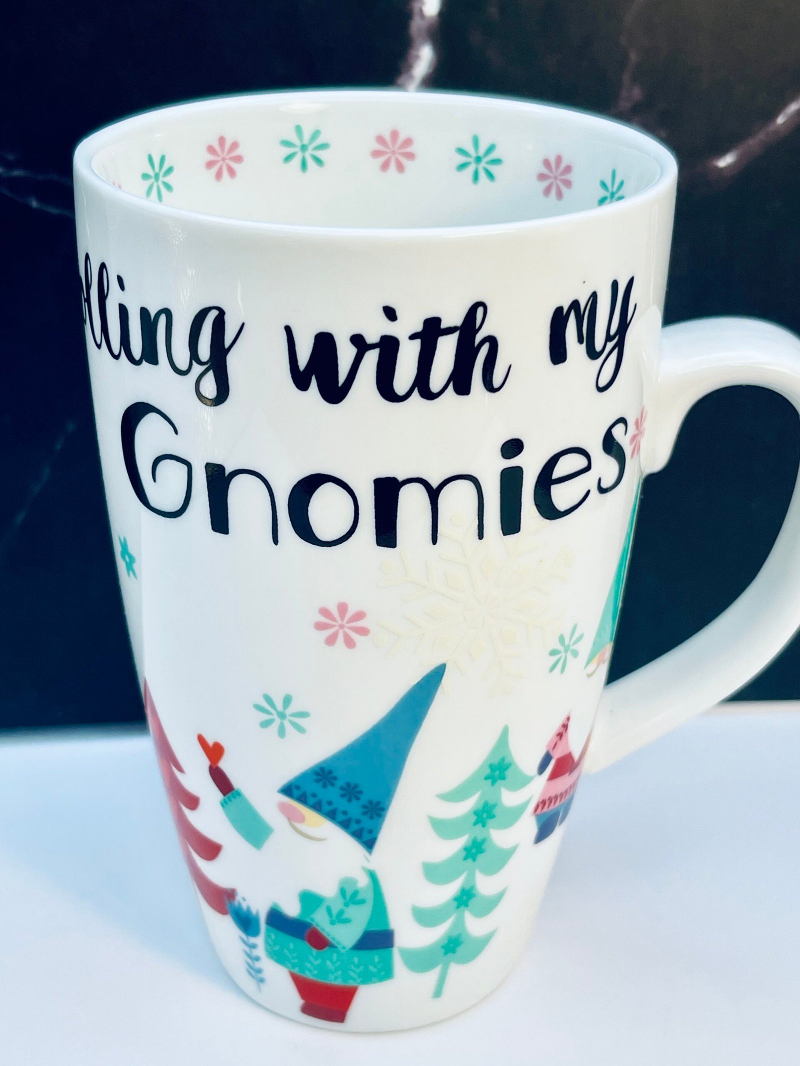 Christmas latte mug with red and green gnomes