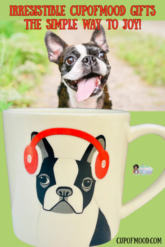 Rae Dunn Boston Terrier mug with headphones design