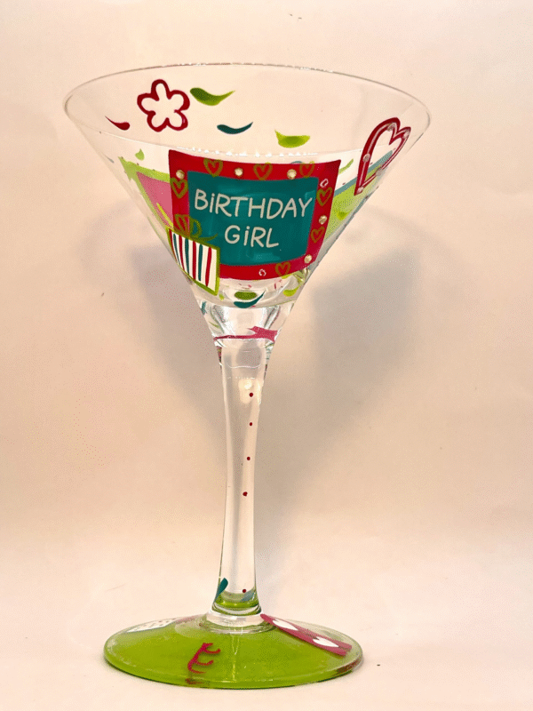 This Lolita “Birthday Girl Too” Martini Glass with Recipe is the perfect #cupofmood for fans of fabulous Lolita martini and wine glasses.