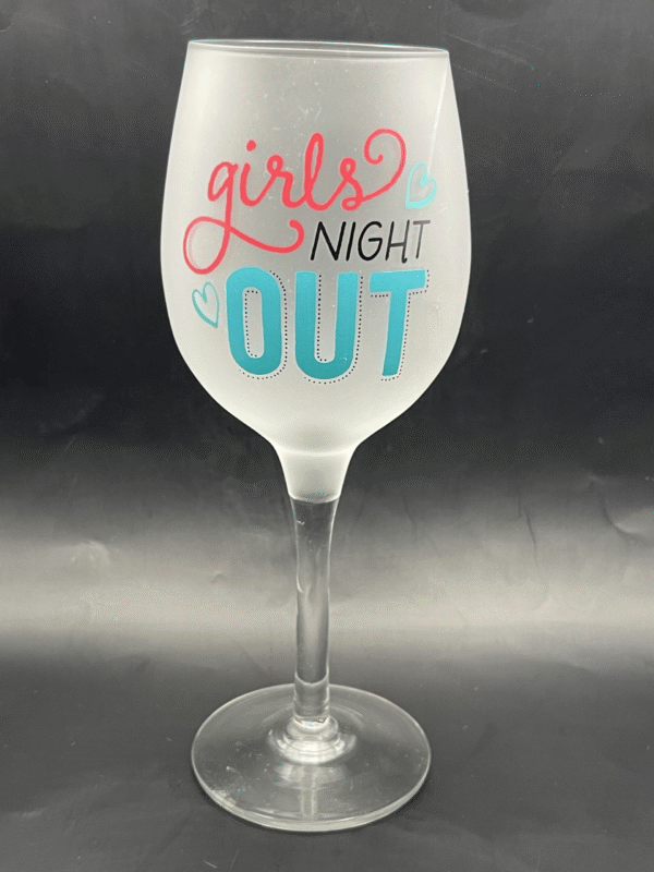 This Girls Night Out Frosted Wineglass for Girls Night Out is the perfect #cupofmood for girls night out. What a fun and whimsical wine glass this is.