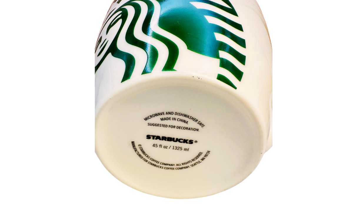 Starbucks White Giant Siren Mug bottom view with 45 fl oz capacity and Made in China marking
