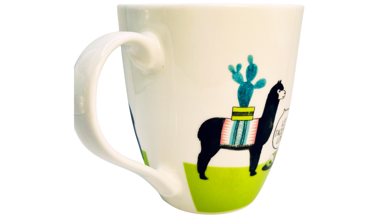 Pfaltzgraff taco llama mug middle view with black llama blue cactus and colorful blanket