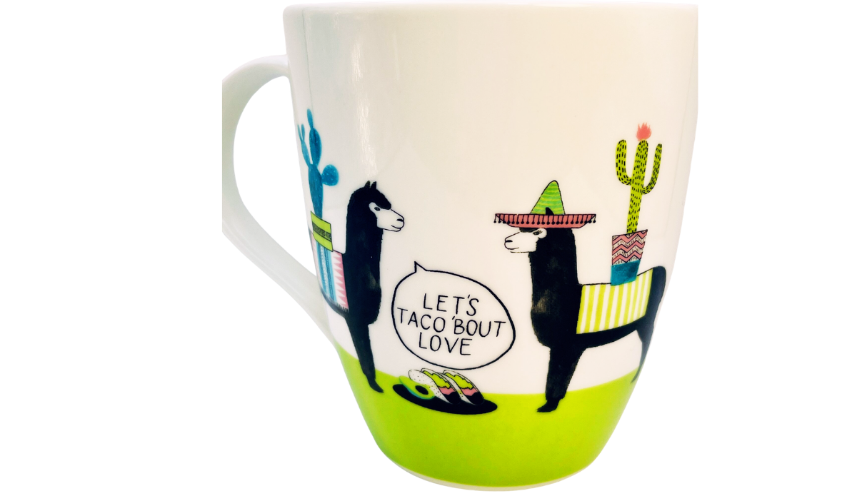 Pfaltzgraff Let's Taco 'Bout Love mug with two llamas tacos cactus and funny message