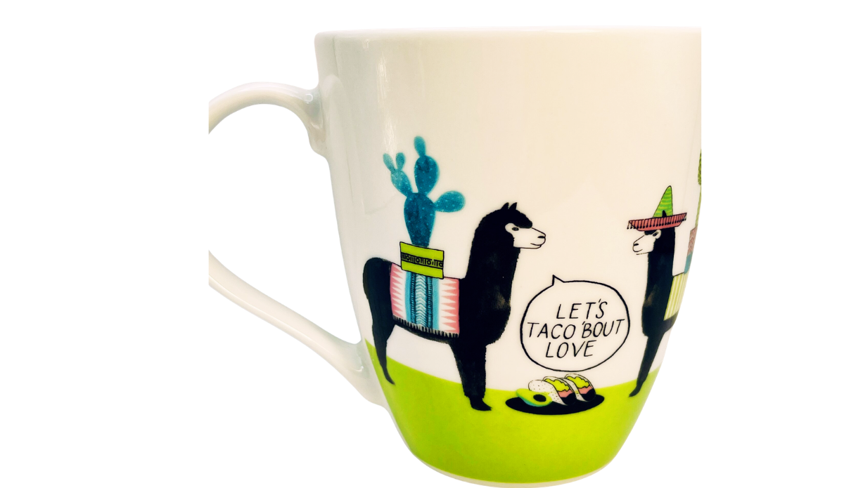 Pfaltzgraff taco llama mug with Let's Taco 'Bout Love message tacos and blue cactus