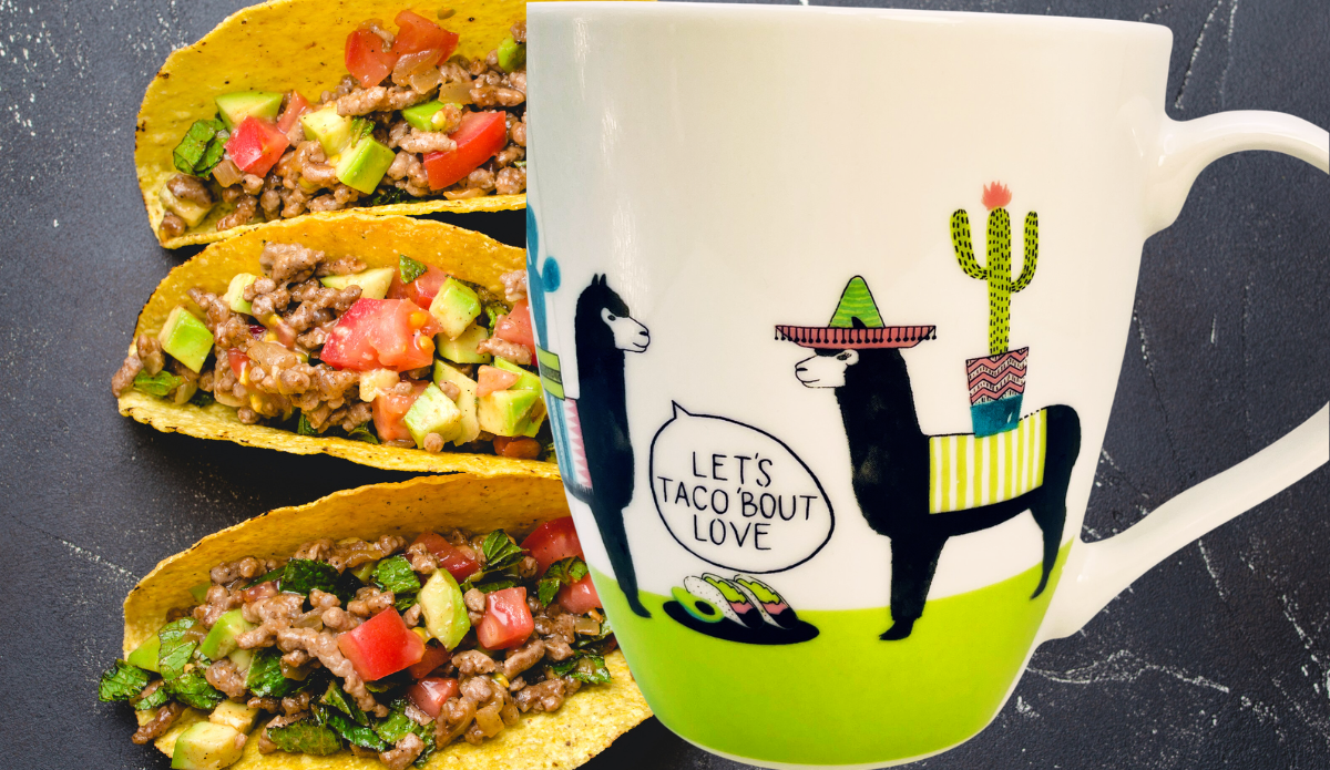 Pfaltzgraff taco llama mug displayed with tacos and Let's Taco 'Bout Love desig