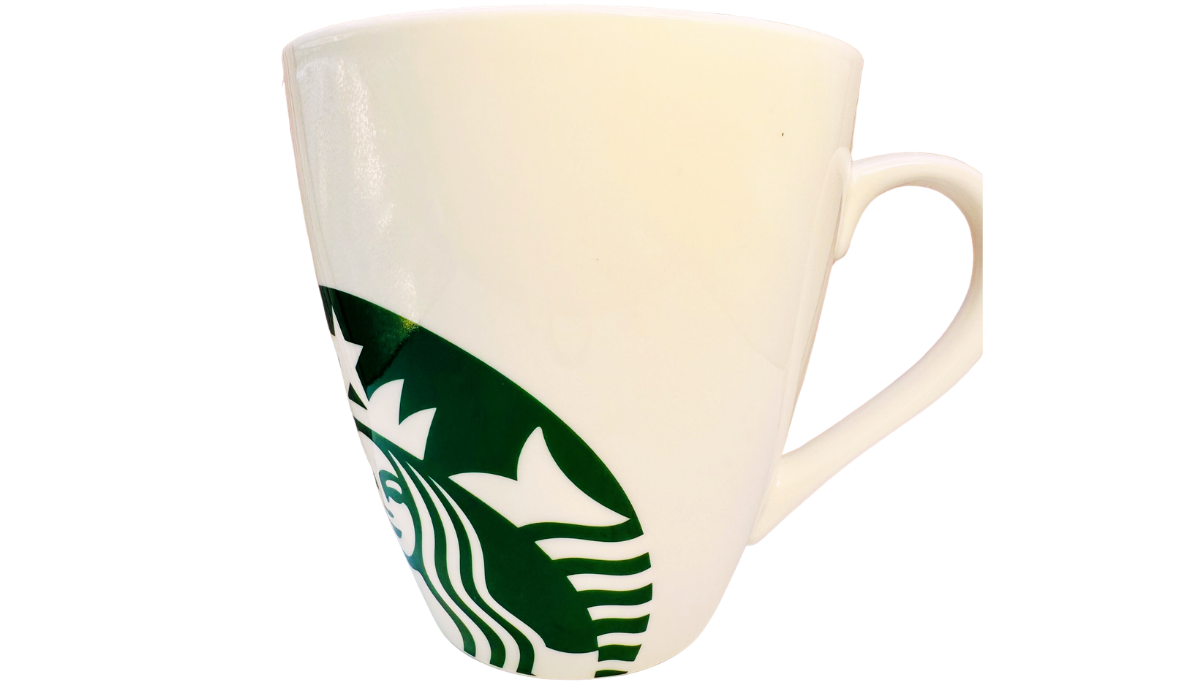 Starbucks White Giant Siren Mug right side view with oversized green logo and large white handle