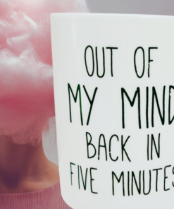 P. Graham Dunn Out Of My Mind Mug displayed in a colorful kitchen coffee scene