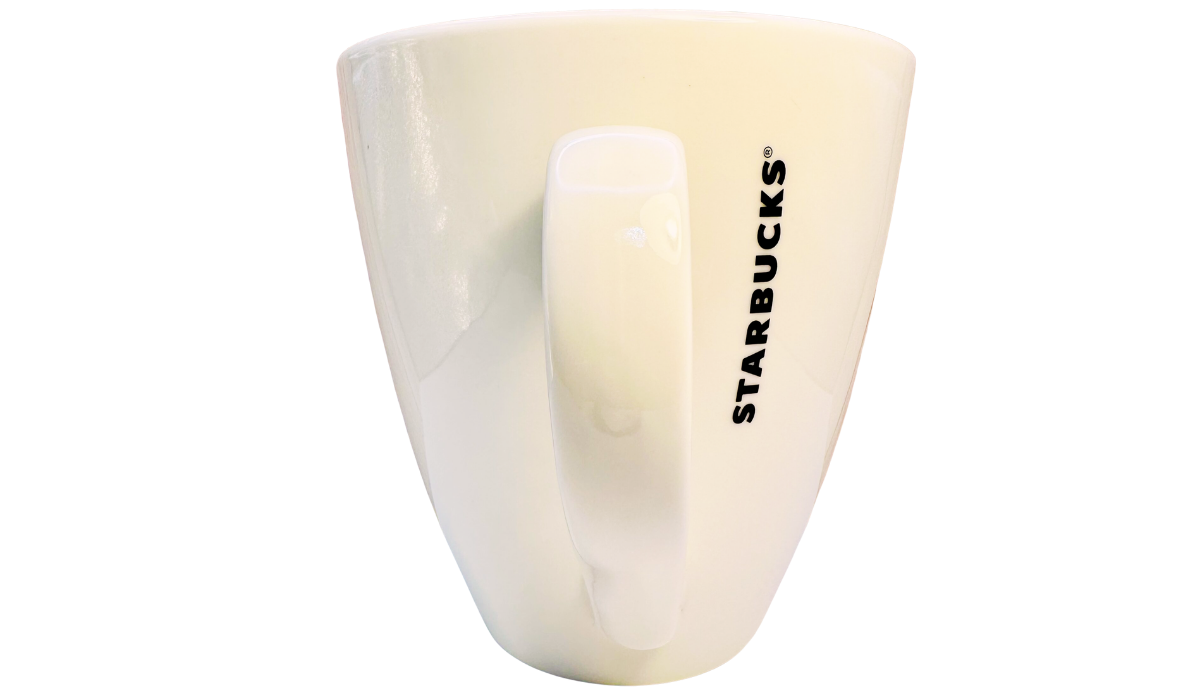 Starbucks White Giant Siren Mug handle view with vertical Starbucks lettering
