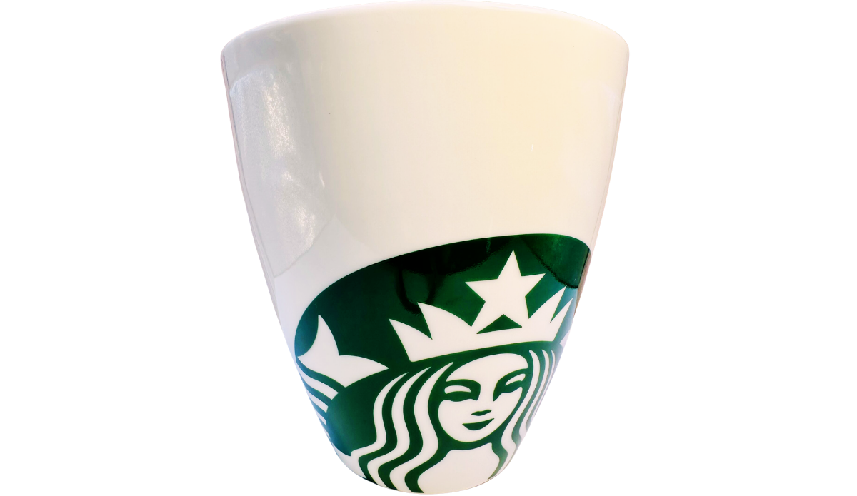 Starbucks White Giant Siren Mug middle view with oversized green Siren logo across glossy white ceramic