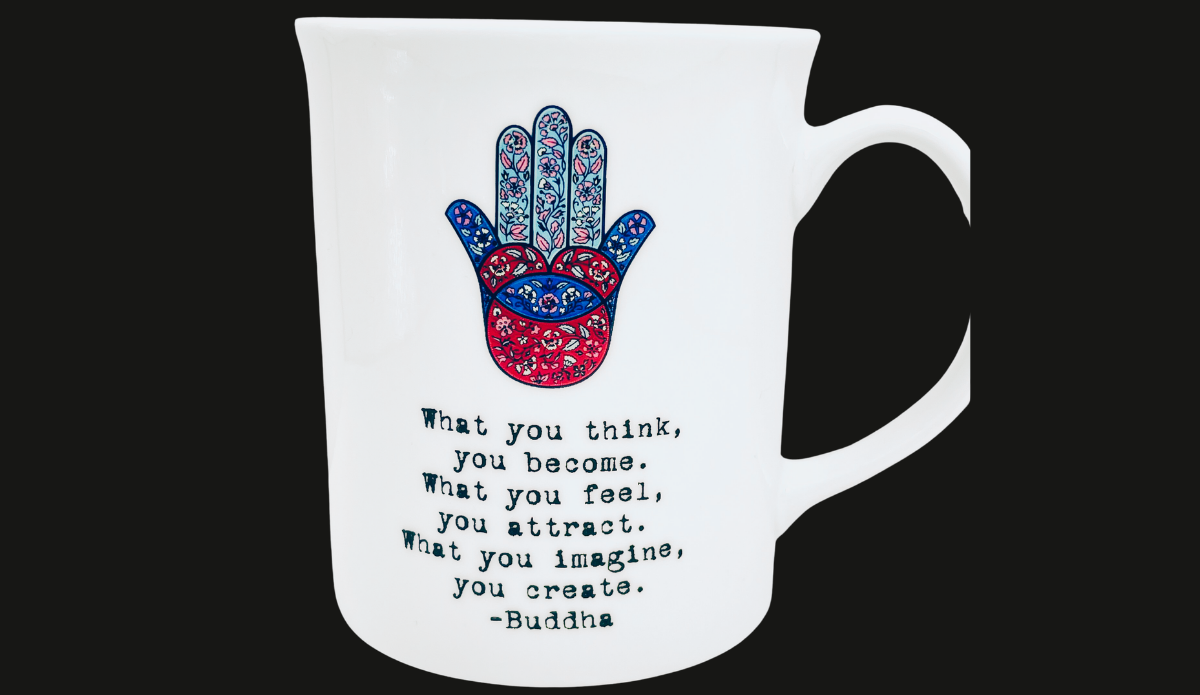 Buddha Hamsa Hand Inspirational Mug with colorful spiritual artwork and motivational Buddha quote