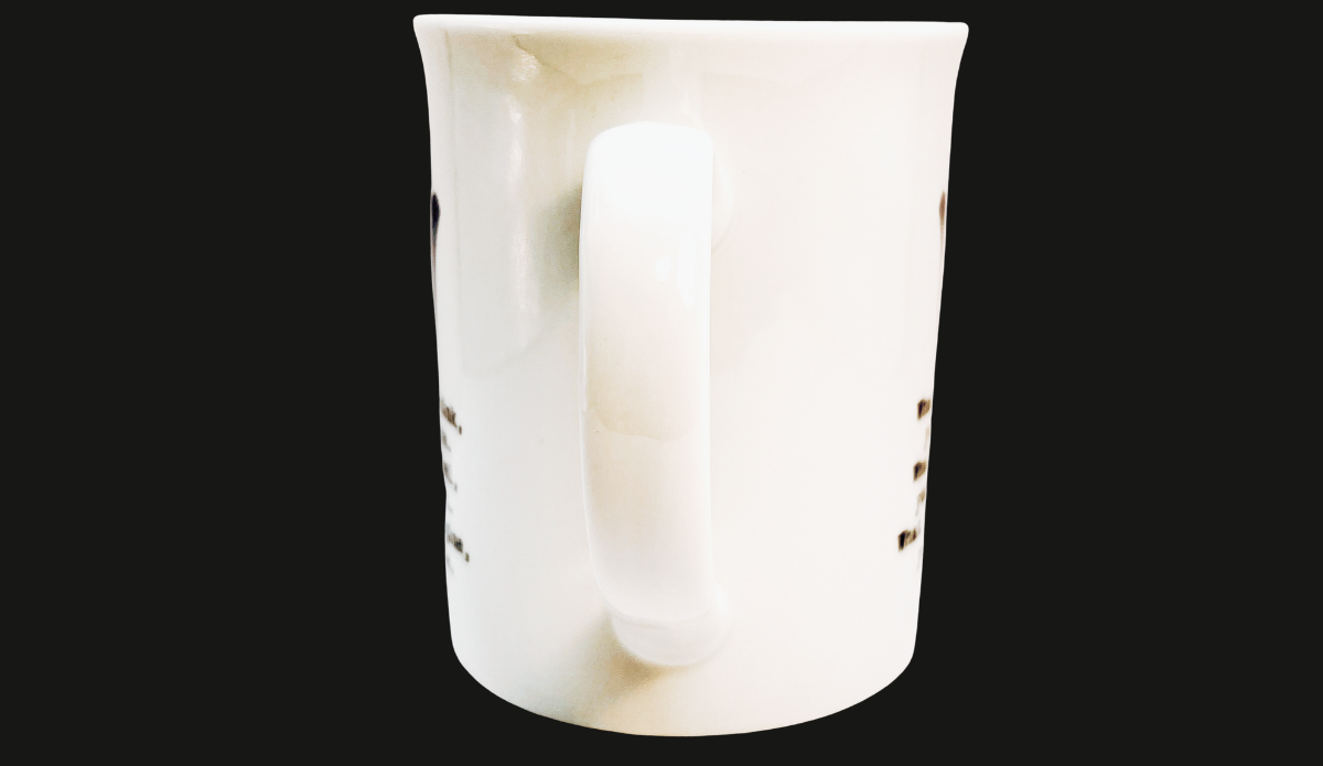 Buddha Hamsa Hand Inspirational Mug handle side view with minimalist white ceramic finish