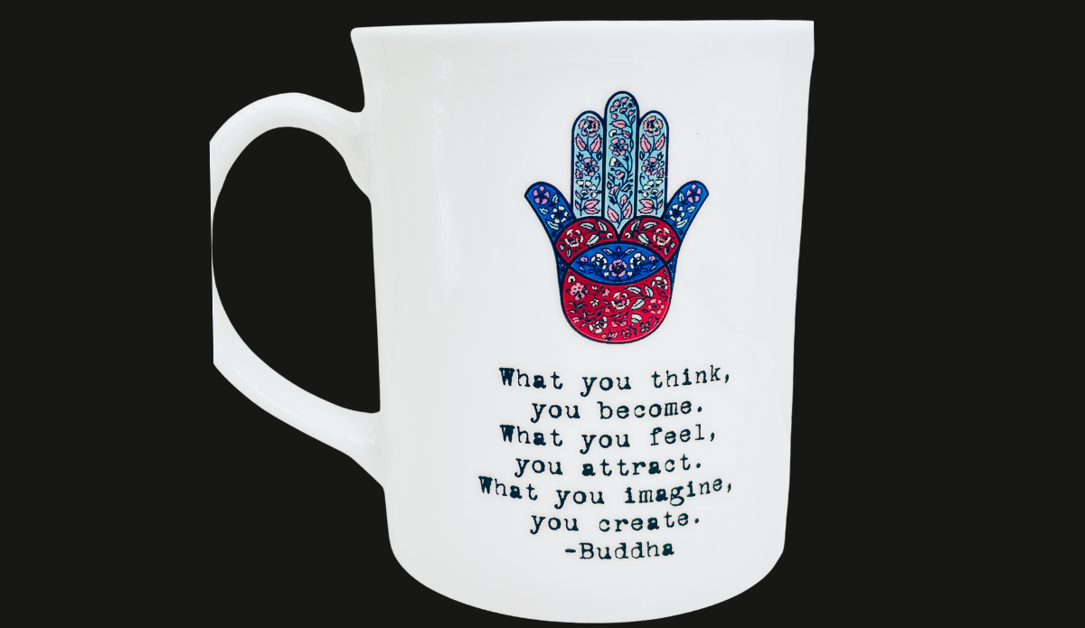 Buddha Hamsa Hand Inspirational Mug back view with minimalist white ceramic design