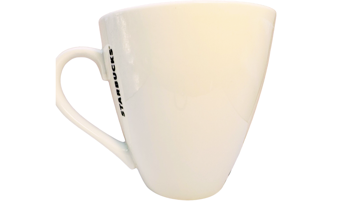 Starbucks White Giant Siren Mug left side view with white handle and partial Starbucks branding