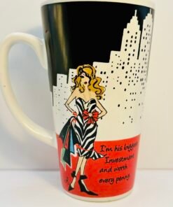 Black and white city backdrop mug with illustrated woman