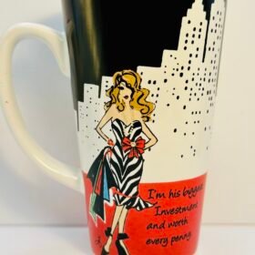 Black and white city backdrop mug with illustrated woman