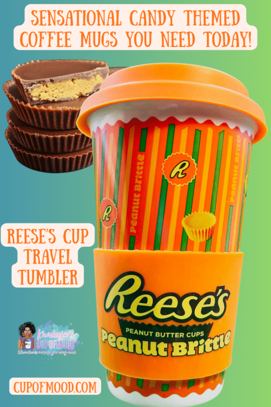 Reese’s peanut butter cup travel tumbler with silicone band and lid coffee mug from CupofMood.