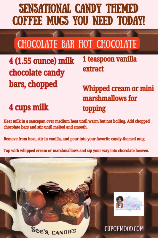 Recipe for chocolate bar hot chocolate paired with See's Candies mug