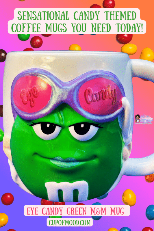 Eye Candy green M&M collectible coffee mug candy themed drinkware from CupofMood