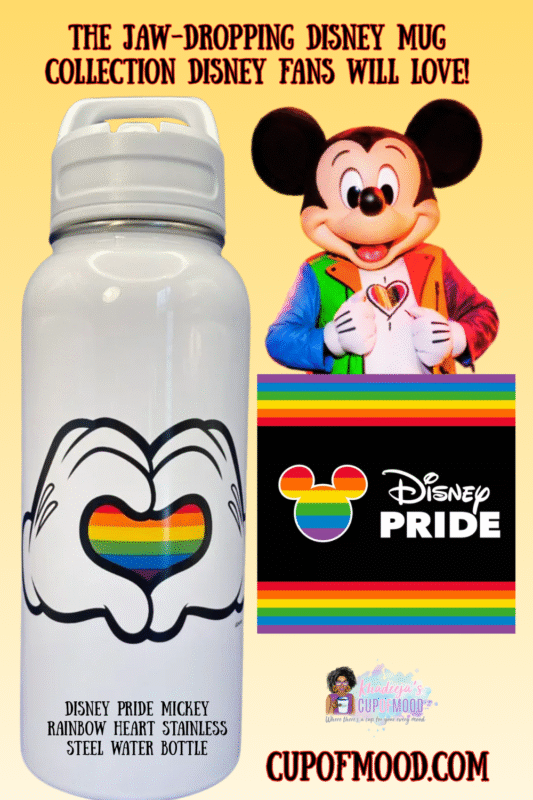 Disney Pride Mickey rainbow heart stainless steel water bottle with straw.