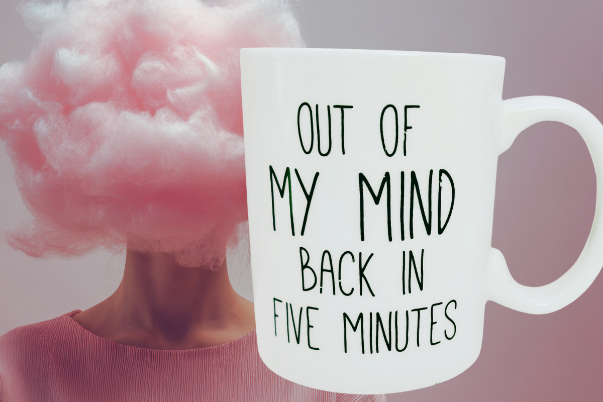 Out Of My Mind Back In Five Minutes mug with playful humor and dreamy pink cloud background