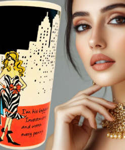 Worth Every Penny Delish latte mug with glamorous fashion-inspired styling and city backdrop illustration