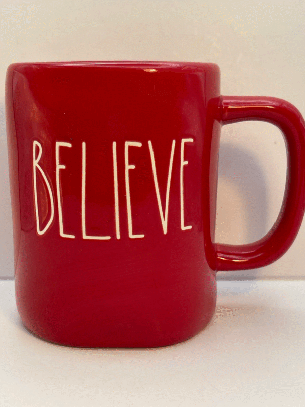 The Rae Dunn Believe Red Ceramic Mug is the perfect #cupofmood to deliver festive charm.