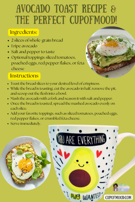 Pfaltzgraff 'You Are Everything I Avo-Wanted' ceramic coffee mug next to avocado toast