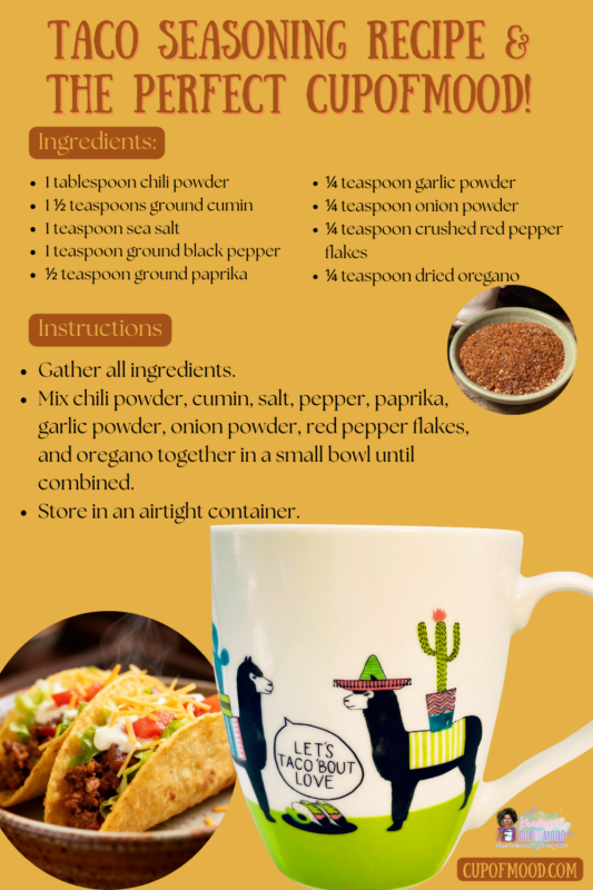 Pfaltzgraff 'Let's Taco Bout Love' llama mug with tacos and taco seasoning.