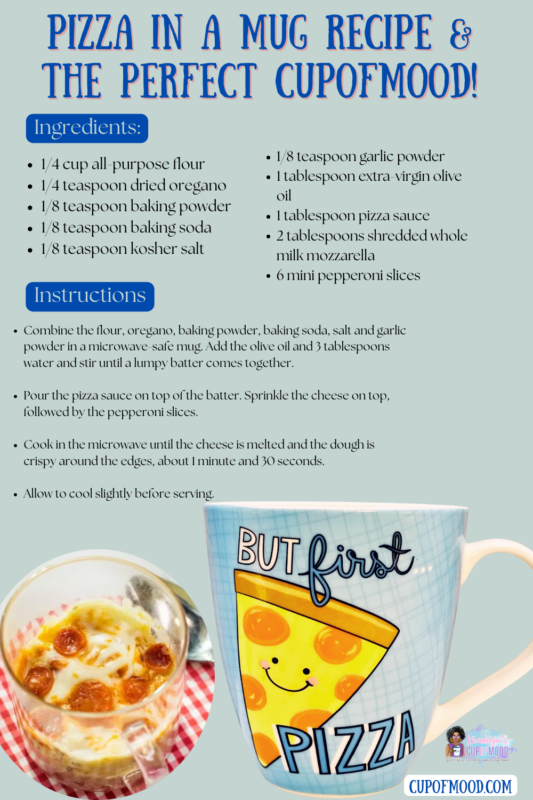 Pfaltzgraff 'But First, Pizza' ceramic coffee mug beside a mug pizza