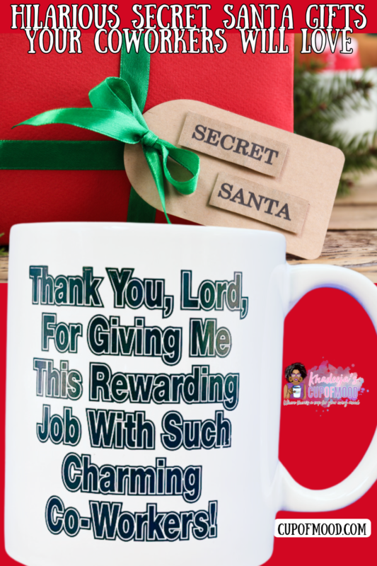 This all-white ceramic masterpiece features a simple yet powerful expression. In bold black letters on the front: “Thank You Lord, for giving me this rewarding job with such charming co-workers.”