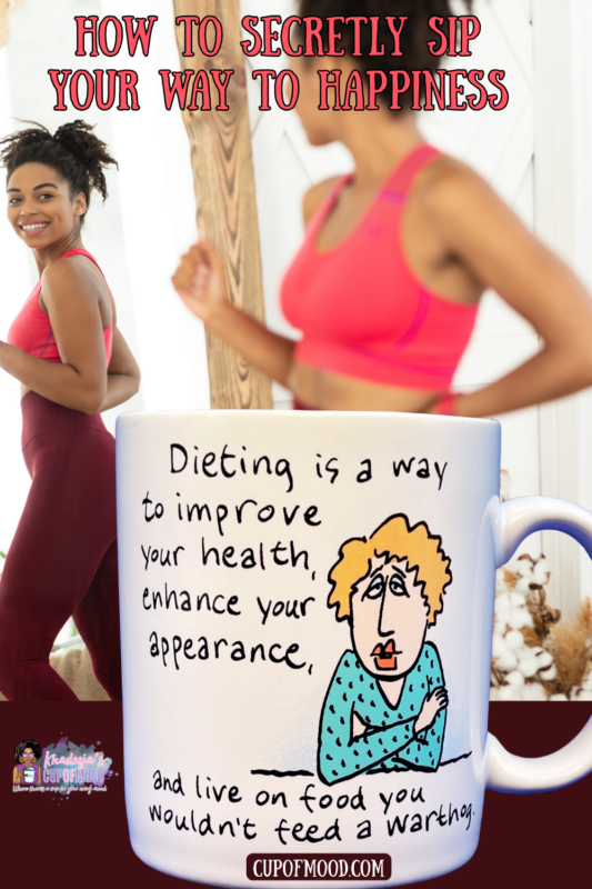 This is a 10 ounce white ceramic Funny Dieting Mug by Hallmark Shoebox Greetings.