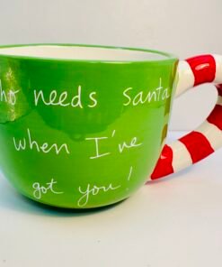 Green Sandra Magsamen Christmas mug with candy cane handle