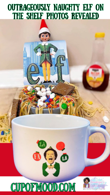 Naughty Elf On The Shelf posing behind Elf movie box with candy spaghetti and Fa La La Elf mug.