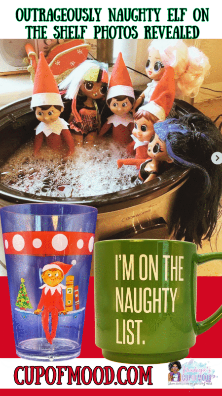 Naughty Elf On The Shelf trio in a crockpot with dolls and paired Boy Elf cup and On The Naughty List mug.