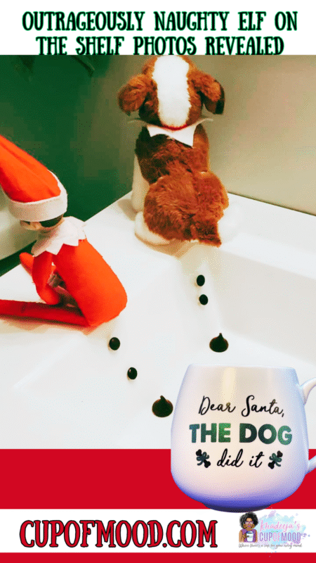 Naughty Elf On The Shelf with toy dog and chocolate poop trail beside The Dog Did It Christmas mug.