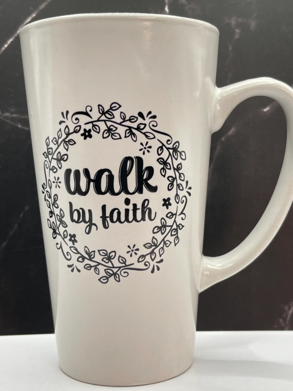 Start your day with a dose of faith and inspiration with the Walk By Faith Latte Mug. It’s the perfect #cupofmood to embrace faith every step of your day.