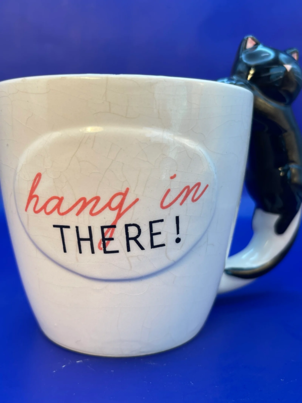  3D Hang In Cat Mug by Boston Warehouse Trading is a 20-ounce white ceramic mug.