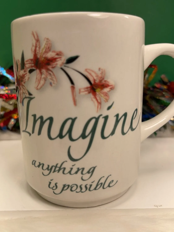 Bay Island white ceramic mug with Imagine on one side and Dream on the other side. 