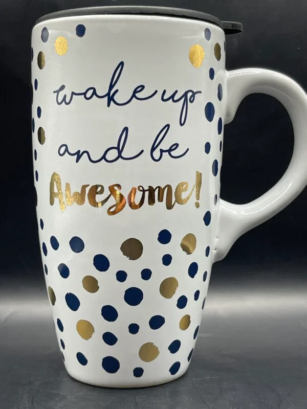 This 16 ounce white ceramic Wake Up And Be Awesome Polka Dot Latte Mug is surrounded by a cute black and gold polka dots.