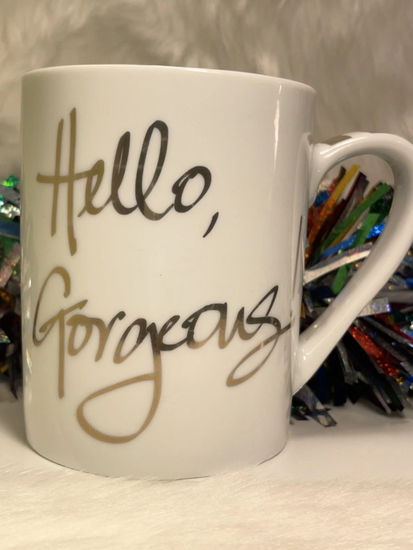 The 10 ounce white porcelain Pier 1 Hello Gorgeous Gold Coffee Mug is the perfect #cupofmood to start your morning with confidence, style, and just the right amount of sparkle.