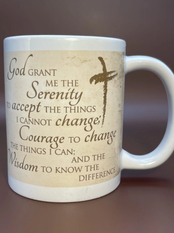 This 8 ounce white ceramic mug has the full Serenity prayer on both sides.